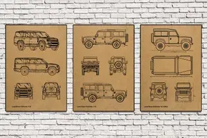 Набор постеров А4 - чертежи автомобилей Land Rover Defender (3 крафт плаката А4)