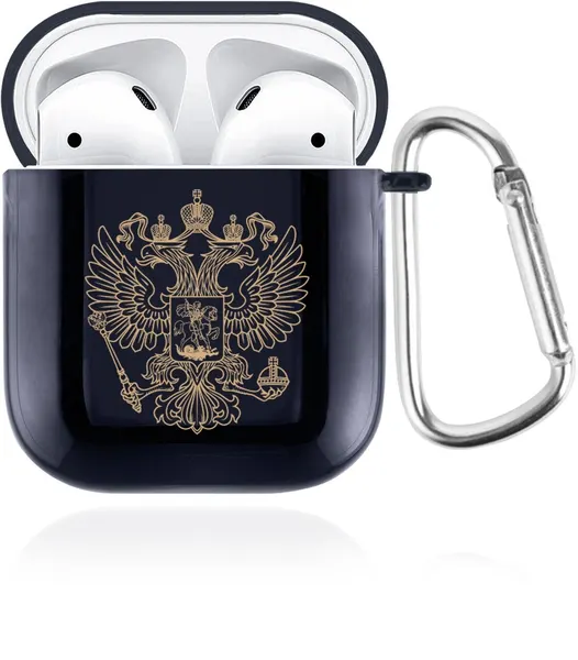 Темно-синий силиконовый чехол SignumCase для наушников Apple AirPods Золотой Герб России