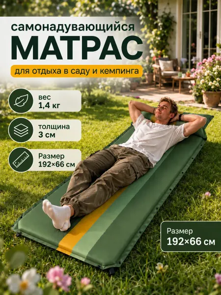 Туристический коврик с подушкой надувной 192×66
