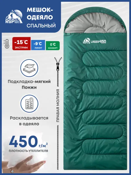 RSP Спальный мешок Lager 450 (молния справа, цв. зеленый)