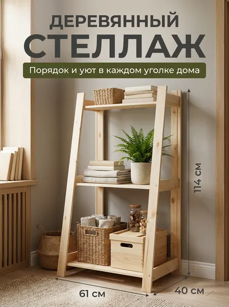 Стеллаж GREENKA HOME, напольный, деревянный, 3 регулируемые полки