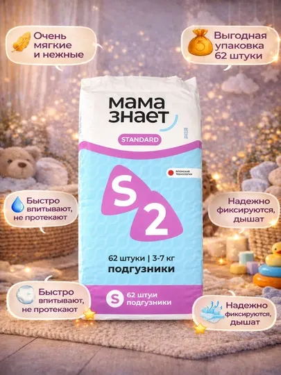 Подгузники Mama Znaet Standard S2, 62 шт, 3–7 кг, мягкие и надежные