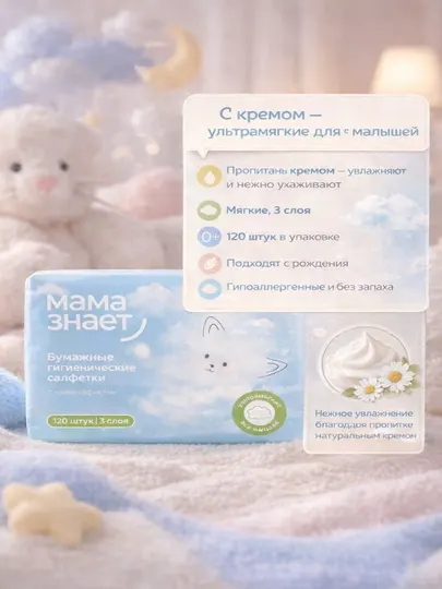 Детские бумажные салфетки Mama znaet, 120 шт, 3 слоя с крем эффектом