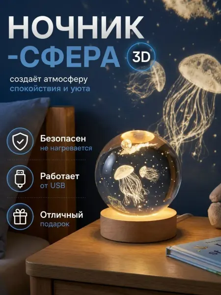 SoftAura Ночник детский Медуза 3Д шар