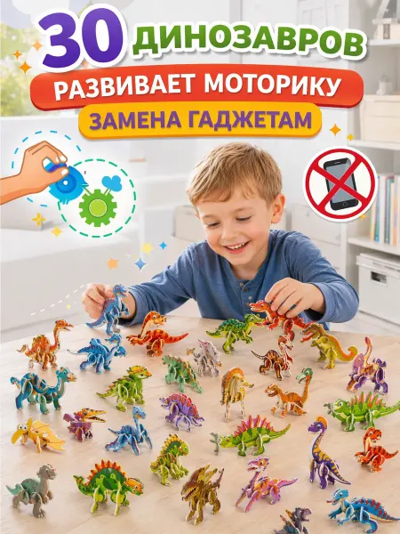 BiziTop Развивающий 3Д конструктор динозавры - 30 фигурок
