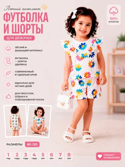 Детский летний комплект, футболка и шорты, 100% хлопок, двойка