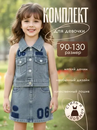 Джинсовый комплект для девочки топ + юбка-шорты, 90–130 размер