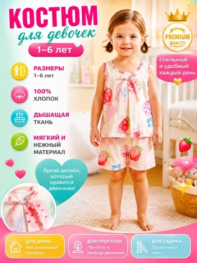 Летний костюм для девочки, комплект кофта-шорты с принтом, детская одежда