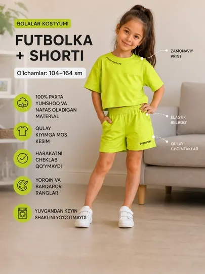 Комплект для девочки, футболка+шорты, летний костюм