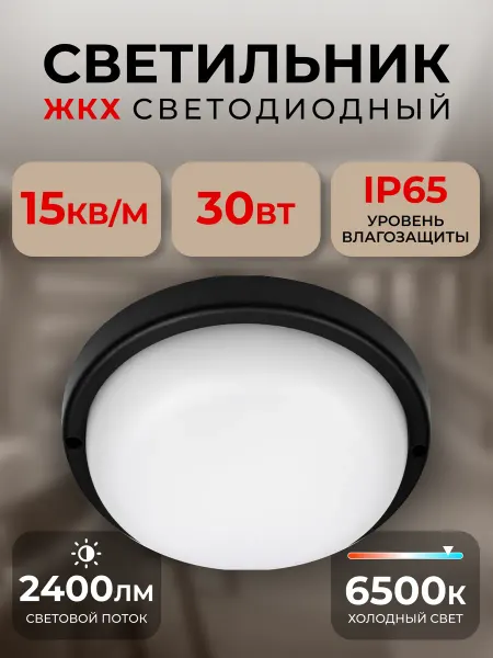 SmartBuy Cветодиодный светильник ЖКХ Круг 30Вт 6500K IP65 черный