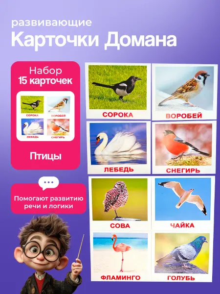 Вундеркинд с пеленок Карточки "Птицы" 15 шт. по методике Г. Домана