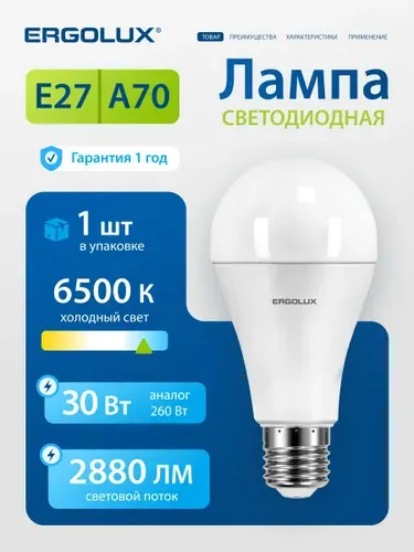 Лампочка светодиодная E27 30 Вт Ergolux, холодный белый свет, 1 шт