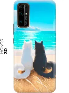 Силиконовый чехол на Honor 30 с принтом "Белая кошка и черный кот"