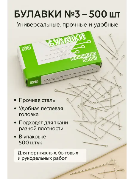 KasTrio Металлические портновские булавки 30 мм, 500 шт
