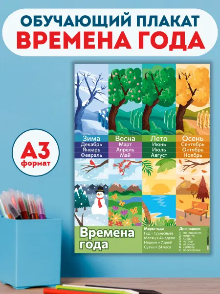 Mimiprint Обучающий плакат для детей Времена года А3