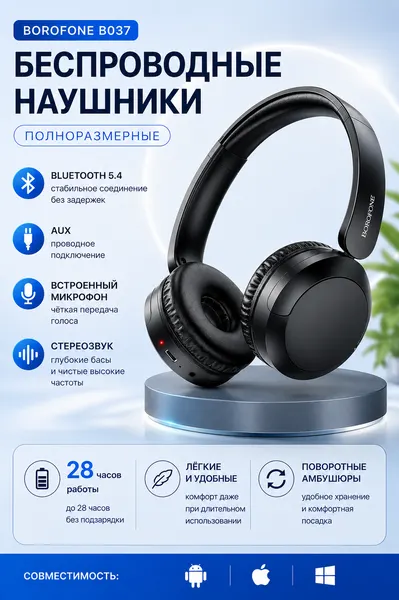 Наушники полноразмерные беспроводные BOROFONE BO37, bluetooth 5.4, 300 MAh