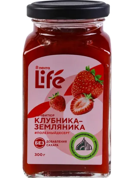 Конфитюр ЛЕНТА LIFE Клубника-земляника, без сахара, 300г