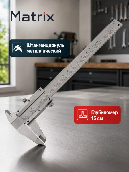 Matrix Штангенциркуль металлический, глубиномер 15 см