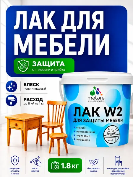 Malare Лак водный для мебели, без запаха, глянцевый 1,8 кг