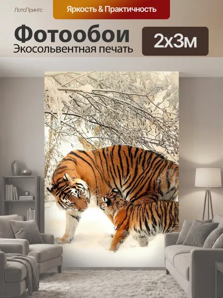 LotsPrints Фотообои "Тигры, детеныш, снег" 2x3м