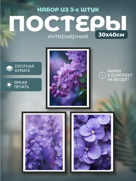 Набор постеров на стену 30х40см "Сиреневые цветы" (3 шт.)