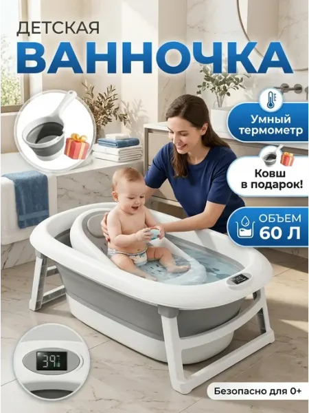 OLANT Ванночка детская с умным термометром складная 60 л