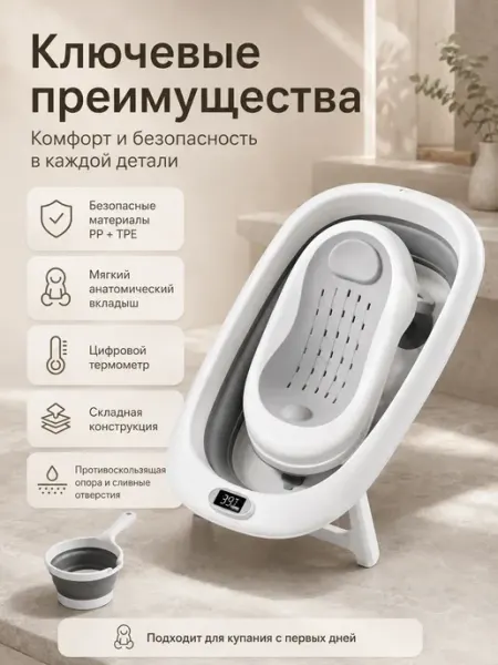Складная ванночка для малыша с термометром PP+TPE