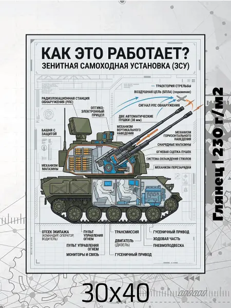 Принт-студия "Бумажный кораблик" Постер на стену 30х40 Как это работает? Зенитное ЗСУ
