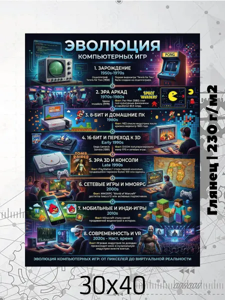 Принт-студия "Бумажный кораблик" Постер на стену 30х40 Эволюция Компьютерных игр