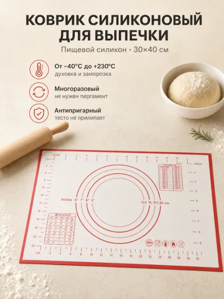 Сдоба Силиконовый коврик для выпечки и раскатки теста 30х40 см