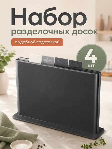 Набор разделочных досок, на подставке, антиналипающие, пластик, серый, 4 шт.