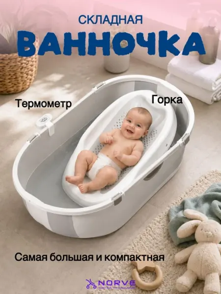 Ванночка для купания новорожденных с термометром и горкой