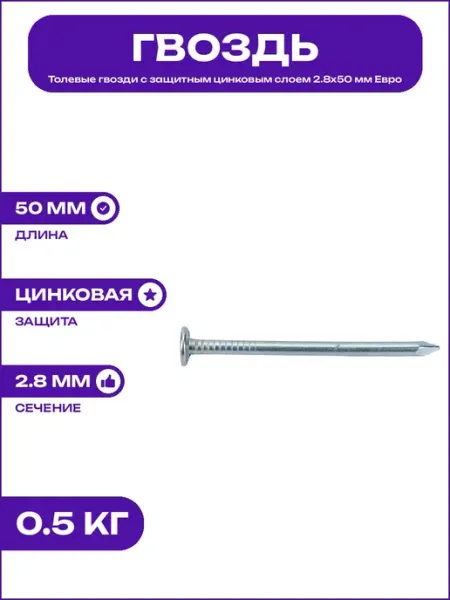 Толевые гвозди с цинковым покрытием 2.8х50 мм ГОСТ 4029-63