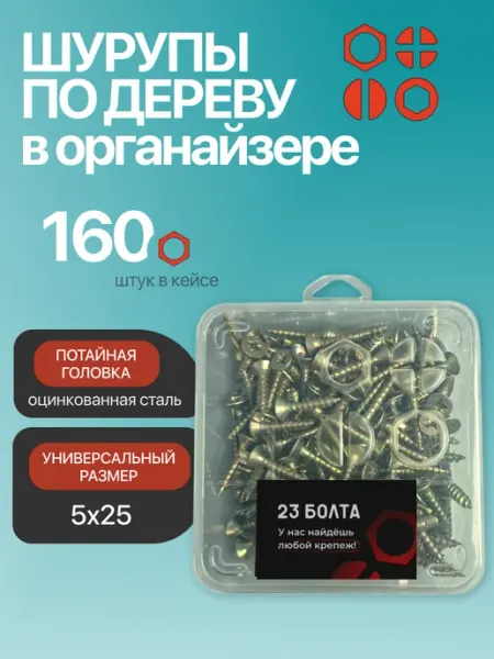 23 Болта Крепёж Шуруп для дерева потайной 5х25 БЦ в органайзере, 160 шт