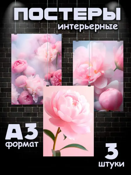 Постеры на стену интерьерные "Пионы" 30х42 см - 3 шт