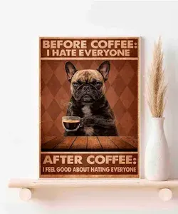 Французский бульдог, Before After Coffee, Плакат Акварель А3 ( 30х42 см. )