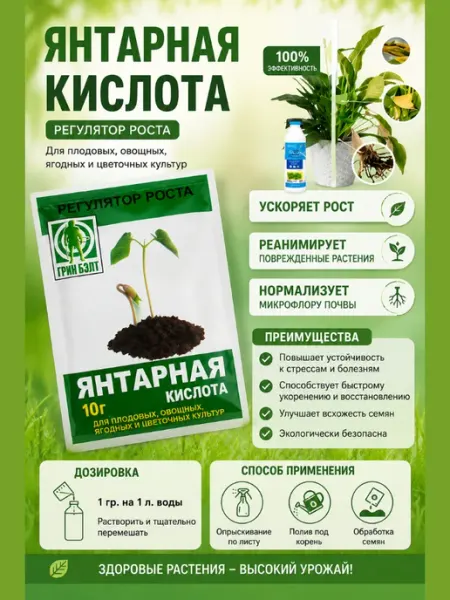 Янтарная кислота для растений, удобрение 10 г