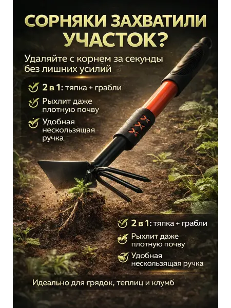 ДР2001 Садовый инструмент 2в1 тяпка грабли для прополки