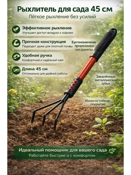 Уютверк Рыхлитель садовый 45 см ручной, культиватор для почвы