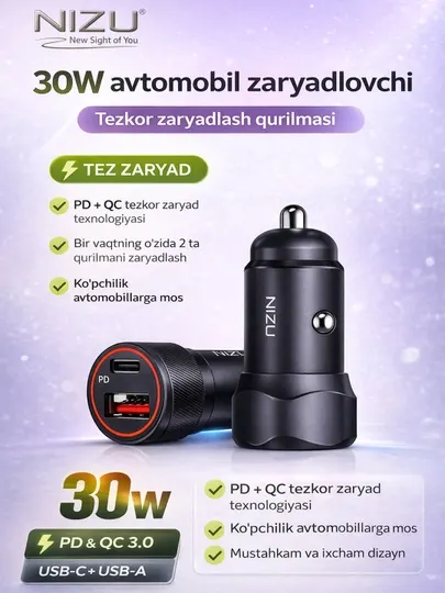Автомобильное зарядное устройство NIZU 30W для быстрой зарядки мобильных устройств