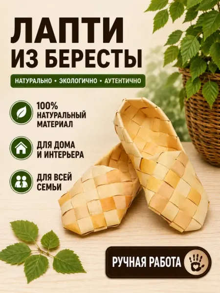 ХВОЁЖНЫЙ Лапти берестяные, тапочки плетеные для дома
