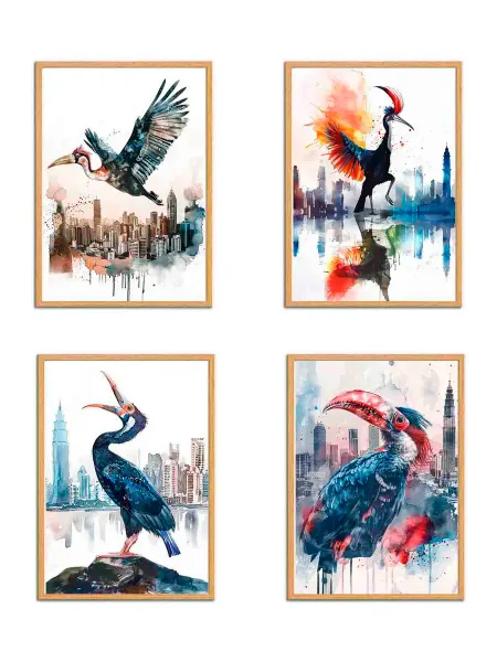 Птица носорог Йога, 4 Плаката, 30x21см