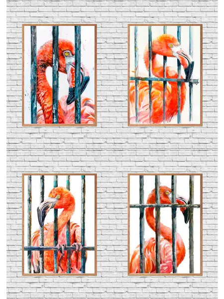 Птица фламинго - преступник в тюрьме, 4 Плаката, 30x21см