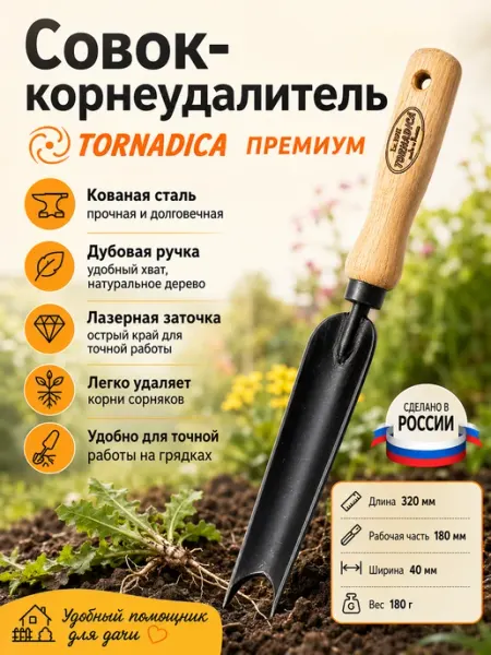 Торнадика Совок корнеудалитель с дубовой ручкой Премиум