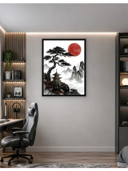 Postersbase Постер Японская пагода с картиной «Красное солнце» 30x40