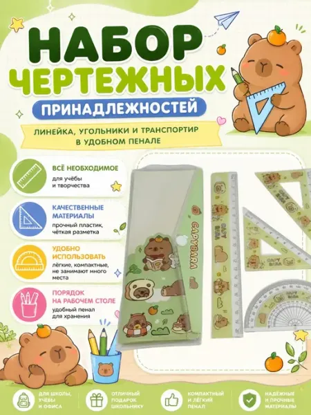 QXENZRY Набор линеек школьный с пеналом 4 предмета зеленый