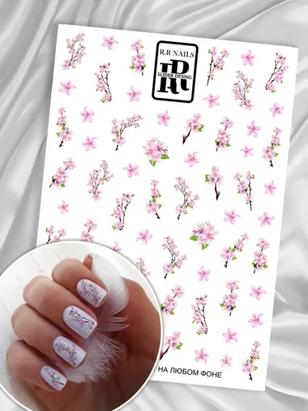 R.R NAILS Наклейки для ногтей сакура розовая слайдеры для маникюра