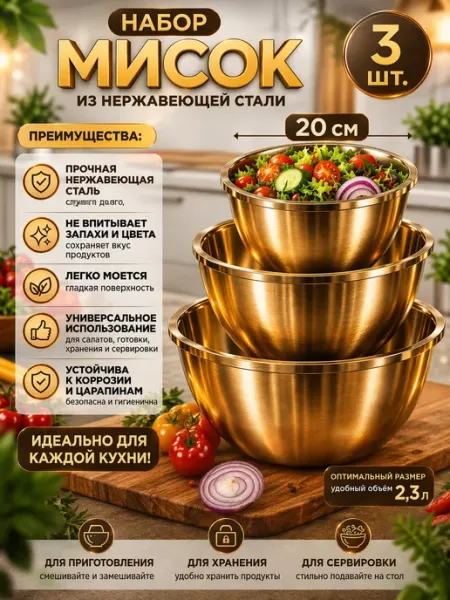 Миска салатники набор посуды нержавеющая сталь 3в1