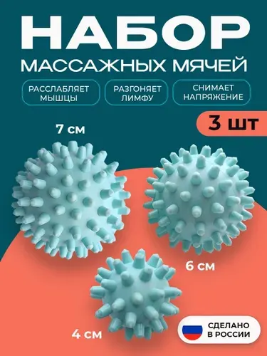 НАБОР 3в1 Массажный мяч "Добрый мячик" с шипами (4, 6 и 7 см) для спины и шеи, массажер для тела, мяч для МФР, релаксация.