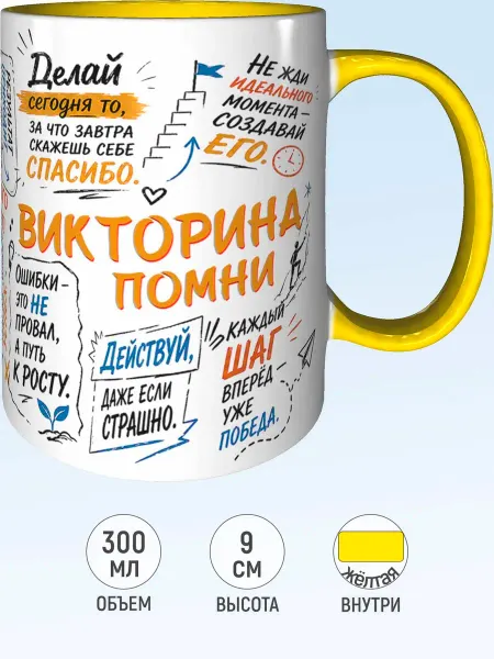 MadePrint Кружка мотивационная Викторина - желтая внутри и ручка